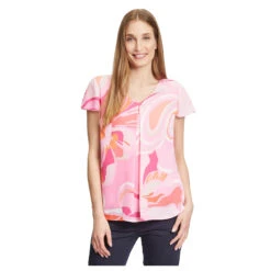 Betty Barclay Damen Kurzarm Bluse Pink Rose Print 9 Betty Barclay Damen Kurzarm Bluse Pink Rose Print -Modezauber Günstiges Geschäft betty barclay bluse kurzarm pink orange rosa 4843 ansicht model vorn