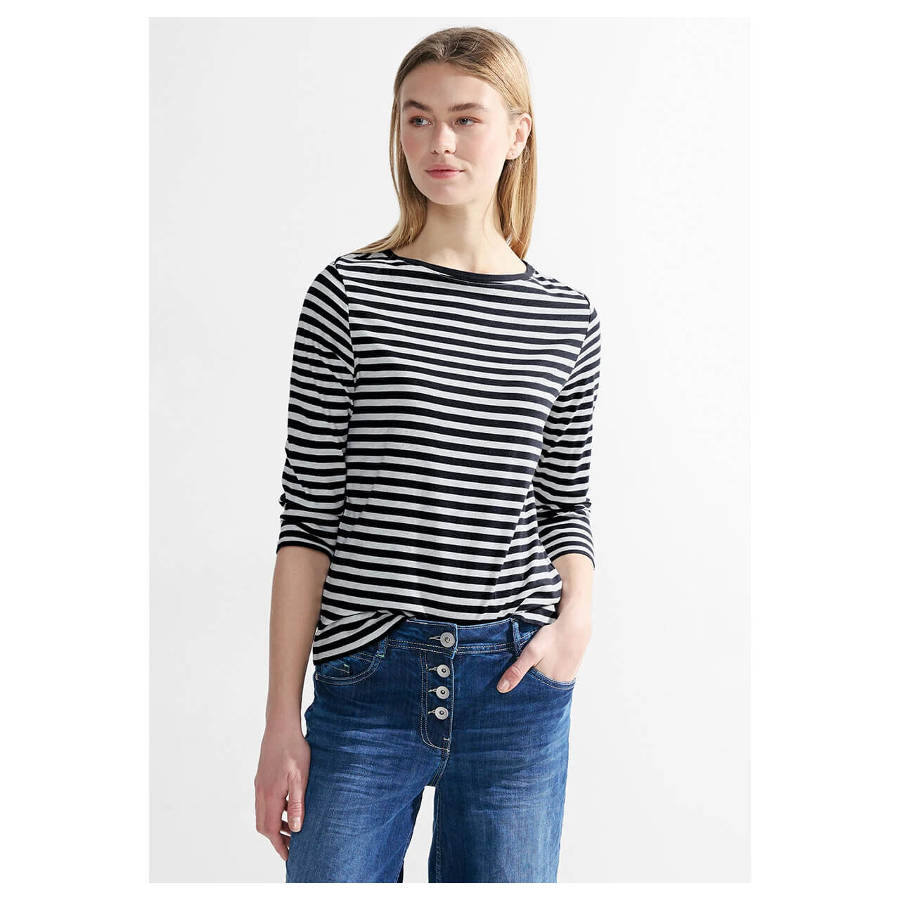 Cecil Damen 3/4 Arm Shirt Boatneck Melange Stripe Universal Blue 2 Cecil Damen 3/4 Arm Shirt Boatneck Melange Stripe Universal Blue – Bild 2