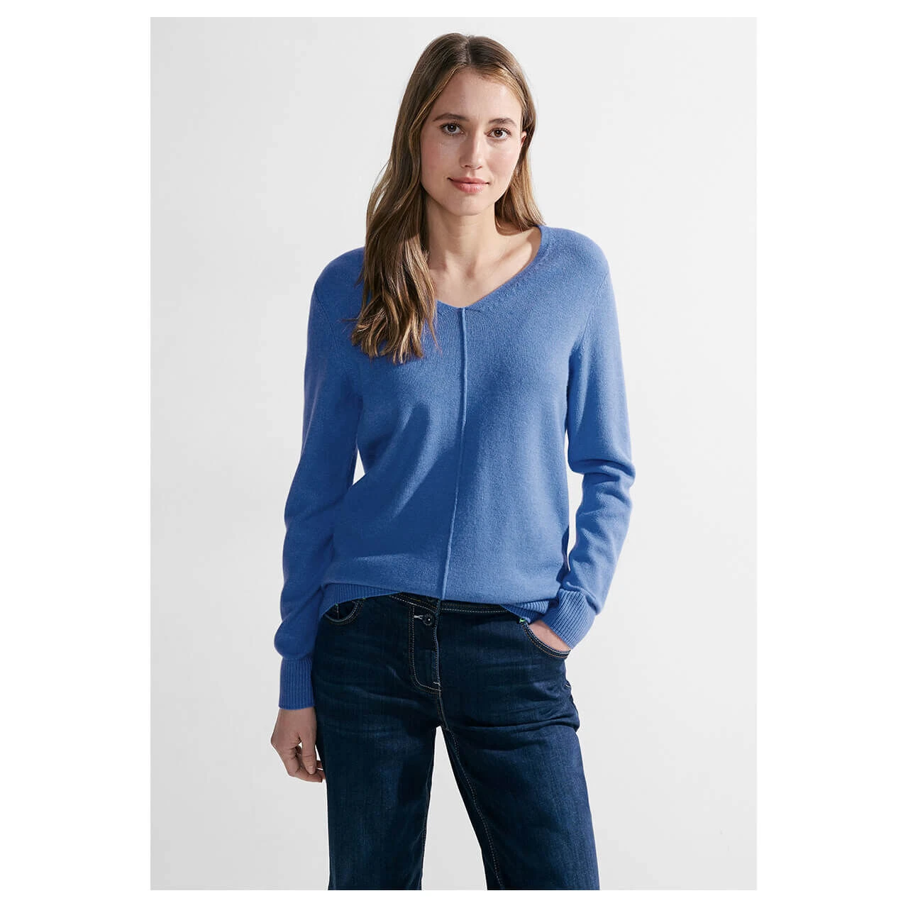 Cecil Damen Pullover Cosy Mix Rounded V-Neck Water Blue Melange 2 Cecil Damen Pullover Cosy Mix Rounded V-Neck Water Blue Melange – Bild 2