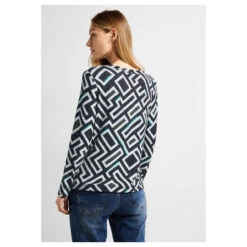 Cecil Damen Langarm Shirt Cosy Geometric Tunic Black Melange -Modezauber Günstiges Geschäft cecil langarmshirt cosy geometric tunic grau 34500 model hinten