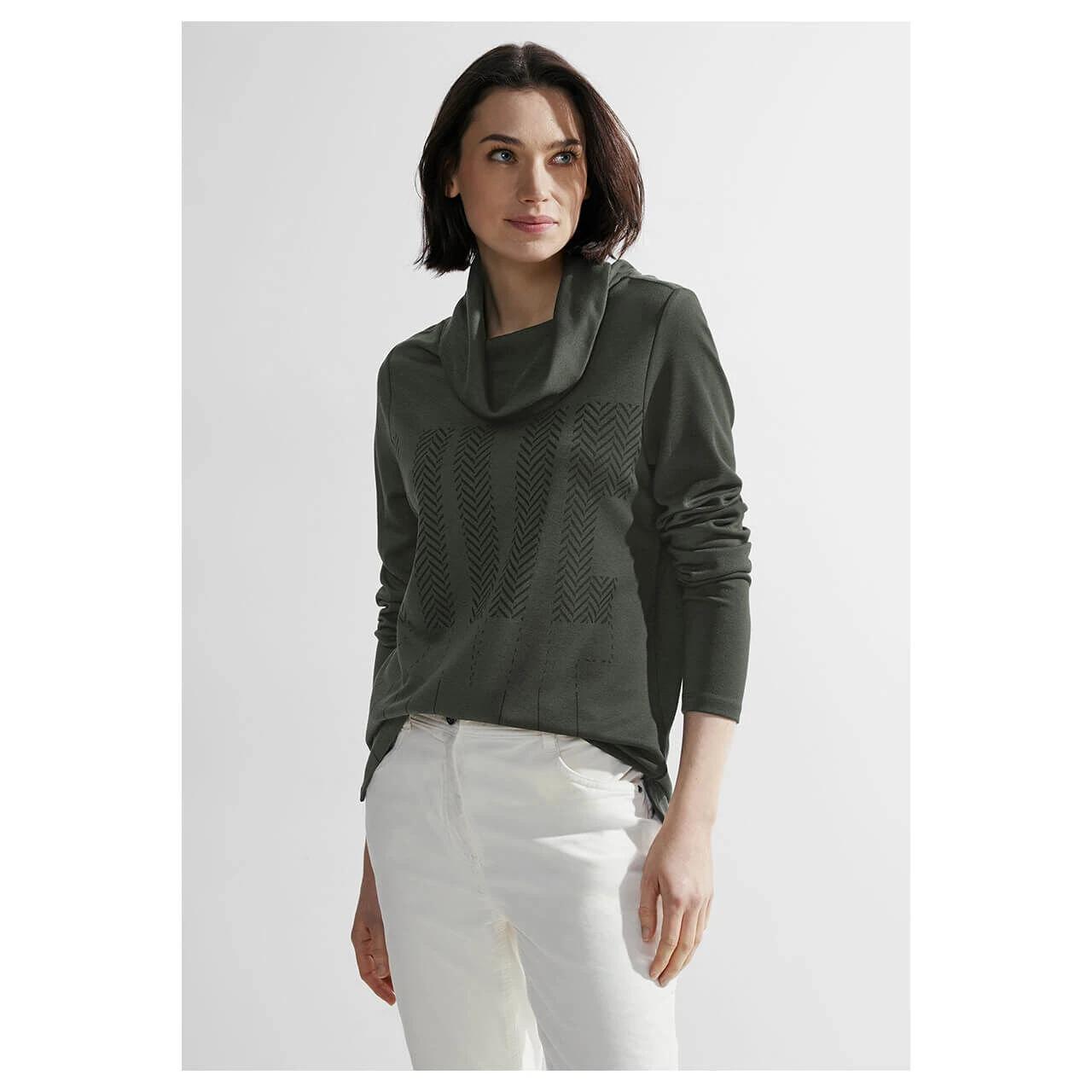 Cecil Damen Langarm Shirt Volume Collar Dynamic Khaki 2 Cecil Damen Langarm Shirt Volume Collar Dynamic Khaki – Bild 2