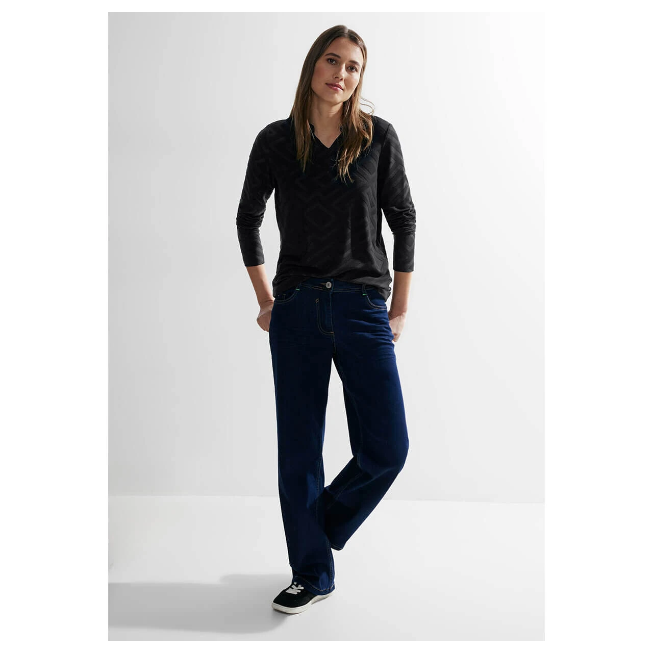 Cecil Damen Langarm Shirt Solid Jacquard Tunic Black 4 Cecil Damen Langarm Shirt Solid Jacquard Tunic Black – Bild 4