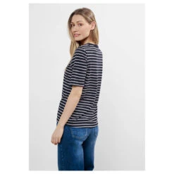 Cecil Damen T-Shirt Stripe Basic Roundneck Tender Rose -Modezauber Günstiges Geschäft cecil stripe basic roundneck blau 25602 model hinten