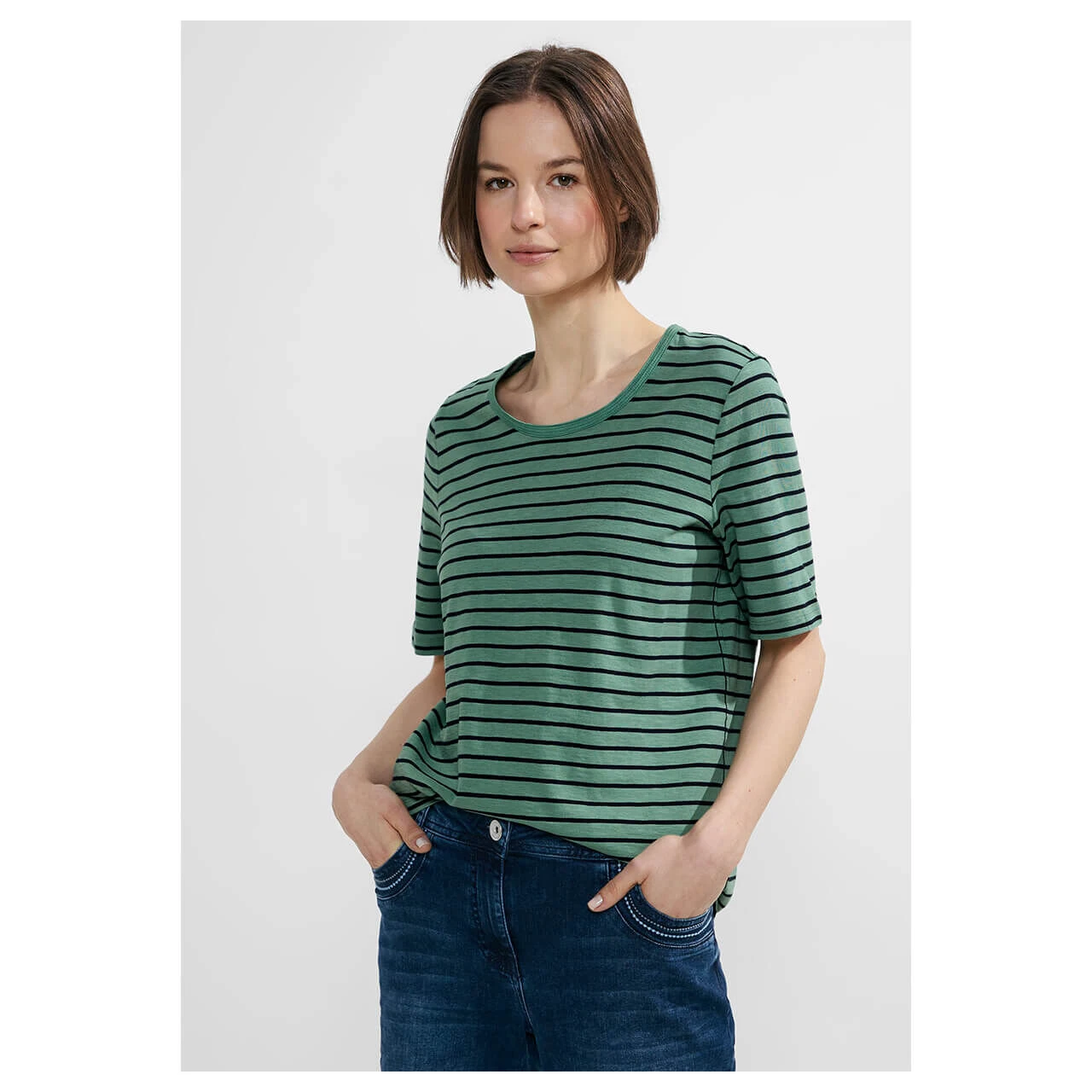Cecil Damen T-Shirt Stripe Basic Roundneck Raw Salvia Green 2 Cecil Damen T-Shirt Stripe Basic Roundneck Raw Salvia Green – Bild 2