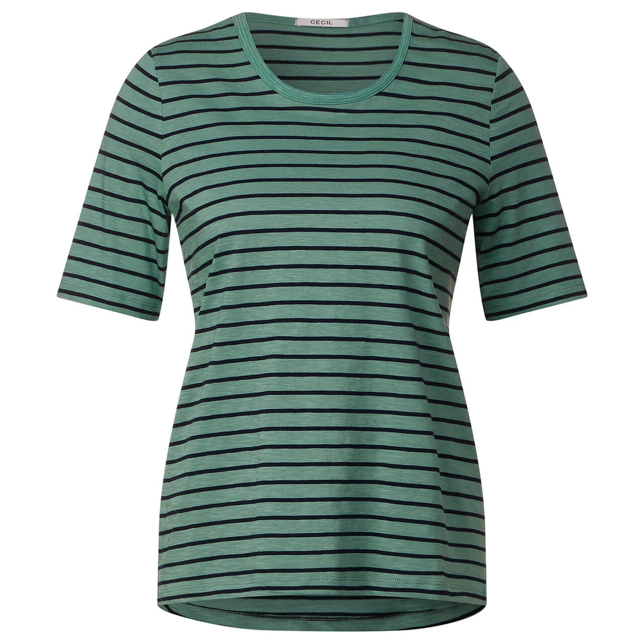 Cecil Damen T-Shirt Stripe Basic Roundneck Raw Salvia Green 1 Cecil Damen T-Shirt Stripe Basic Roundneck Raw Salvia Green
