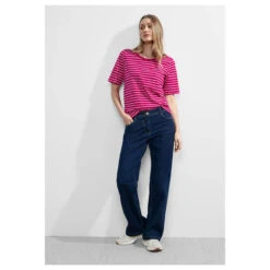 Cecil Damen T-Shirt Stripe Basic Roundneck Pink Sorbet -Modezauber Günstiges Geschäft cecil stripe basic roundneck rundhalsshirt rosa 25597 model