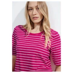 Cecil Damen T-Shirt Stripe Basic Roundneck Pink Sorbet -Modezauber Günstiges Geschäft cecil stripe basic roundneck rundhalsshirt rosa 25597 model detail