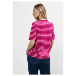 Cecil Damen T-Shirt Stripe Basic Roundneck Pink Sorbet -Modezauber Günstiges Geschäft cecil stripe basic roundneck rundhalsshirt rosa 25597 model hinten