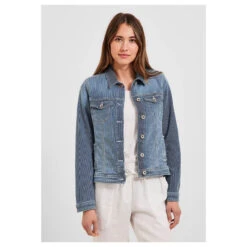 Cecil Jeansjacke Mid Blue Used Stripes -Modezauber Günstiges Geschäft cecil stripe denim jacket jeansjacke blau 20235 ansicht front