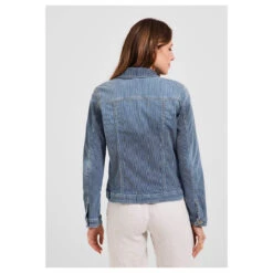 Cecil Jeansjacke Mid Blue Used Stripes -Modezauber Günstiges Geschäft cecil stripe denim jacket jeansjacke blau 20235 ansicht hinten