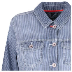 Cecil Jeansjacke Mid Blue Used Stripes -Modezauber Günstiges Geschäft cecil stripe denim jacket jeansjacke blau 20235 schulter