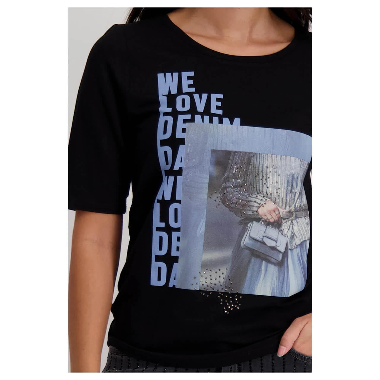 Monari Damen T-Shirt Black Glitter Blue Print 6 Monari Damen T-Shirt Black Glitter Blue Print – Bild 6
