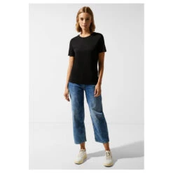 Street One Basic Interlock T-Shirt Black -Modezauber Günstiges Geschäft street one basic interlock t shirt schwarz 10001 vorne