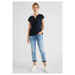 Street One Jersey T-Shirt Deep Blue -Modezauber Günstiges Geschäft street one jersey split neck shirt blau 11238 vorne