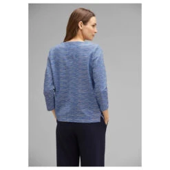 Street One Damen 3/4 Arm Pullover Fine 2-Color Structured Fresh Intense Gentle Blue 7 Street One Damen 3/4 Arm Pullover Fine 2-Color Structured Fresh Intense Gentle Blue -Modezauber Günstiges Geschäft street one langarmshirt blau 25377 model hinten