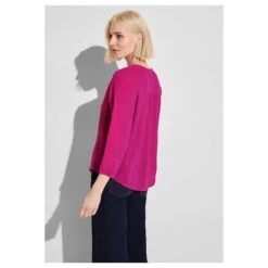 Street One Damen 3/4 Arm Bluse Musselin Buttoned Roundneck Magnolia Pink -Modezauber Günstiges Geschäft street one muslin shirt dress solid blusenkleid rosa 15755 model hinten