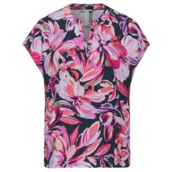 Street One Damen Kurzarm Bluse Splitneck Magnolia Pink Flower