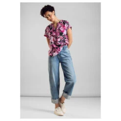 Street One Damen Kurzarm Bluse Splitneck Magnolia Pink Flower -Modezauber Günstiges Geschäft street one shirtblouse splitneck hemdbluse rosa 35755 model