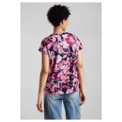 Street One Damen Kurzarm Bluse Splitneck Magnolia Pink Flower -Modezauber Günstiges Geschäft street one shirtblouse splitneck hemdbluse rosa 35755 model hinten