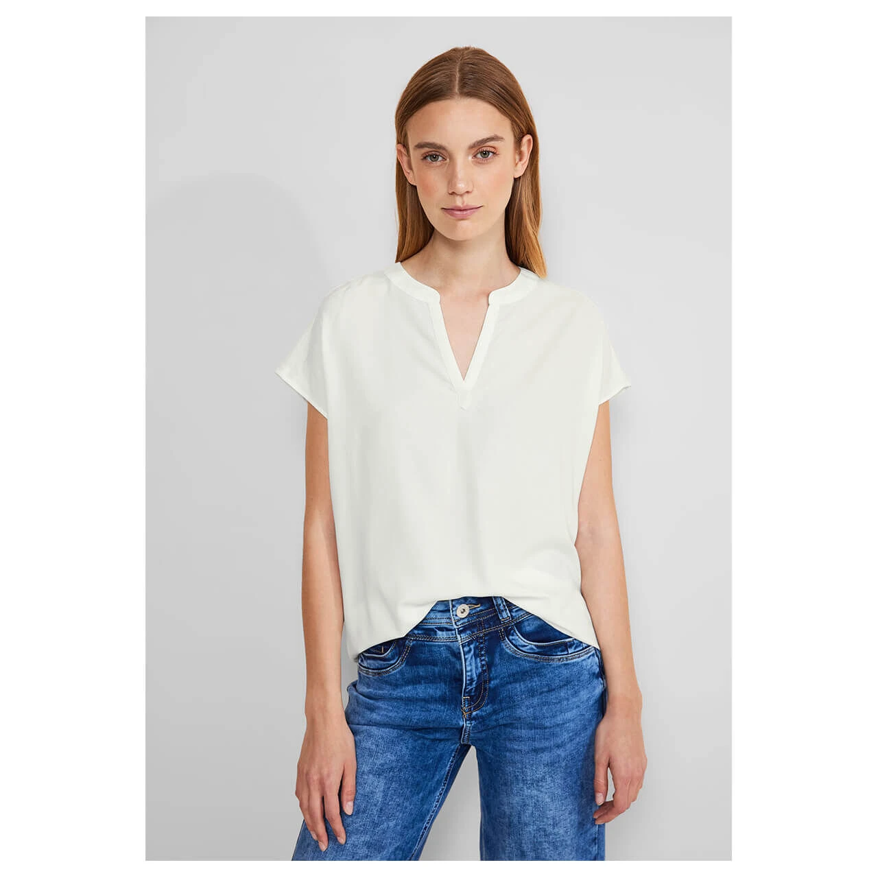 Street One Damen Kurzarm Bluse Splitneck Off White 2 Street One Damen Kurzarm Bluse Splitneck Off White – Bild 2