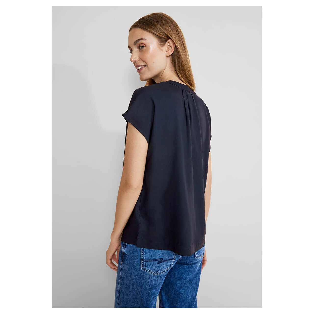 Street One Damen Kurzarm Bluse Splitneck Dark Blue 3 Street One Damen Kurzarm Bluse Splitneck Dark Blue – Bild 3
