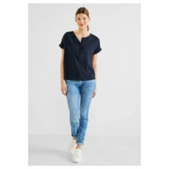 Street One Damen Kurzarm Bluse Deep Blue With Flap -Modezauber Günstiges Geschäft street one solid blouse flap placket blau 11238 vorne