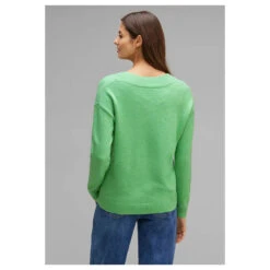 Street One Damen Pullover V-neck Sweater Light Green Melange -Modezauber Günstiges Geschäft street one v neck sweater gruen 15380 model hinten