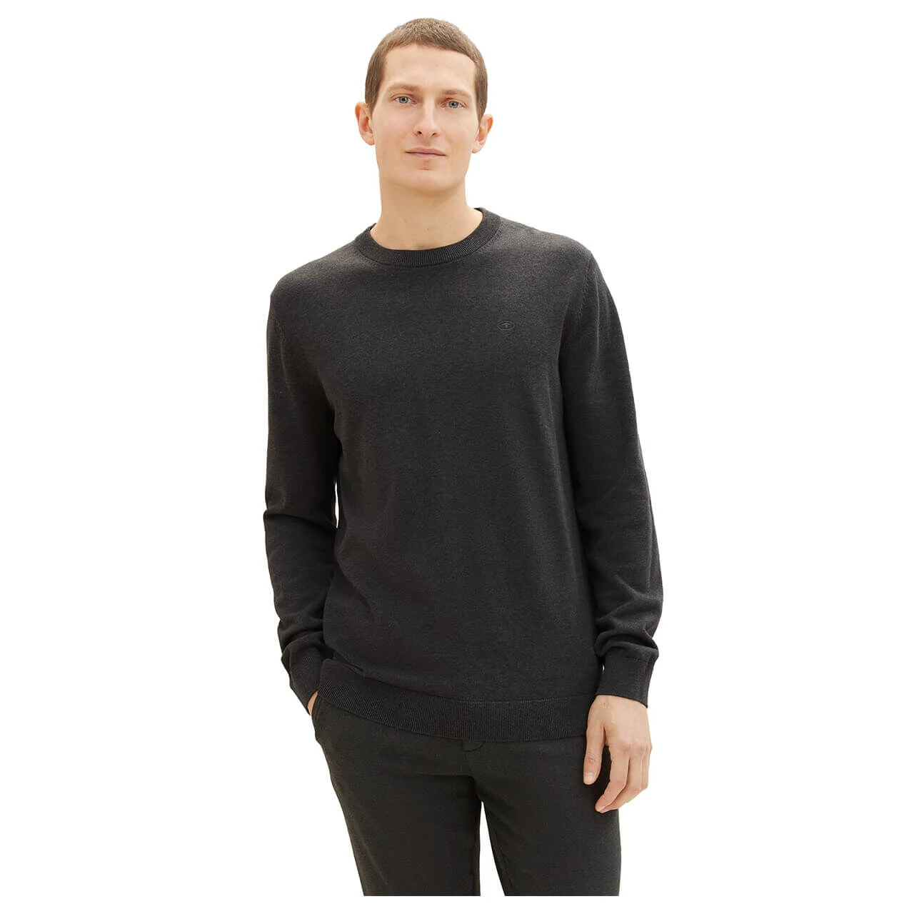 Tom Tailor Herren Pullover Basic Crewneck Black Grey Melange Compact Cotton 2 Tom Tailor Herren Pullover Basic Crewneck Black Grey Melange Compact Cotton – Bild 2