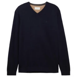 Tom Tailor Herren Pullover Basic V-neck Knitted Navy Melange Compact Cotton