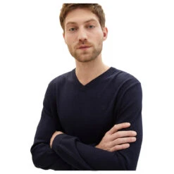 Tom Tailor Herren Pullover Basic V-neck Knitted Navy Melange Compact Cotton -Modezauber Günstiges Geschäft tom tailor pullover v neck knit blau 13160 model