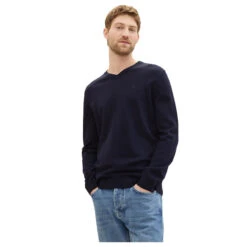 Tom Tailor Herren Pullover Basic V-neck Knitted Navy Melange Compact Cotton -Modezauber Günstiges Geschäft tom tailor pullover v neck knit blau 13160 model detail