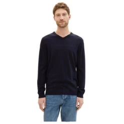 Tom Tailor Herren Pullover Basic V-neck Knitted Navy Melange Compact Cotton -Modezauber Günstiges Geschäft tom tailor pullover v neck knit blau 13160 model vorne