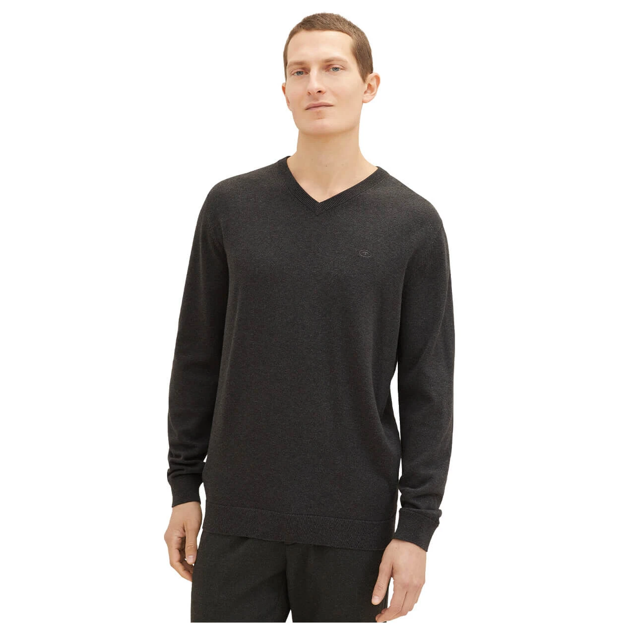 Tom Tailor Herren Pullover Basic V-neck Black Grey Melange Compact Cotton 2 Tom Tailor Herren Pullover Basic V-neck Black Grey Melange Compact Cotton – Bild 2