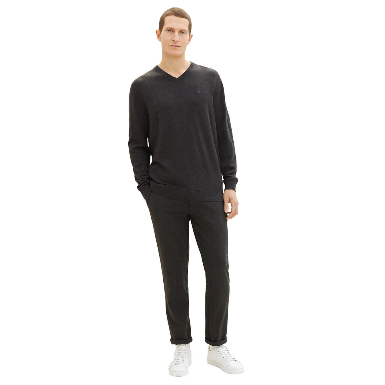 Tom Tailor Herren Pullover Basic V-neck Black Grey Melange Compact Cotton 4 Tom Tailor Herren Pullover Basic V-neck Black Grey Melange Compact Cotton – Bild 4