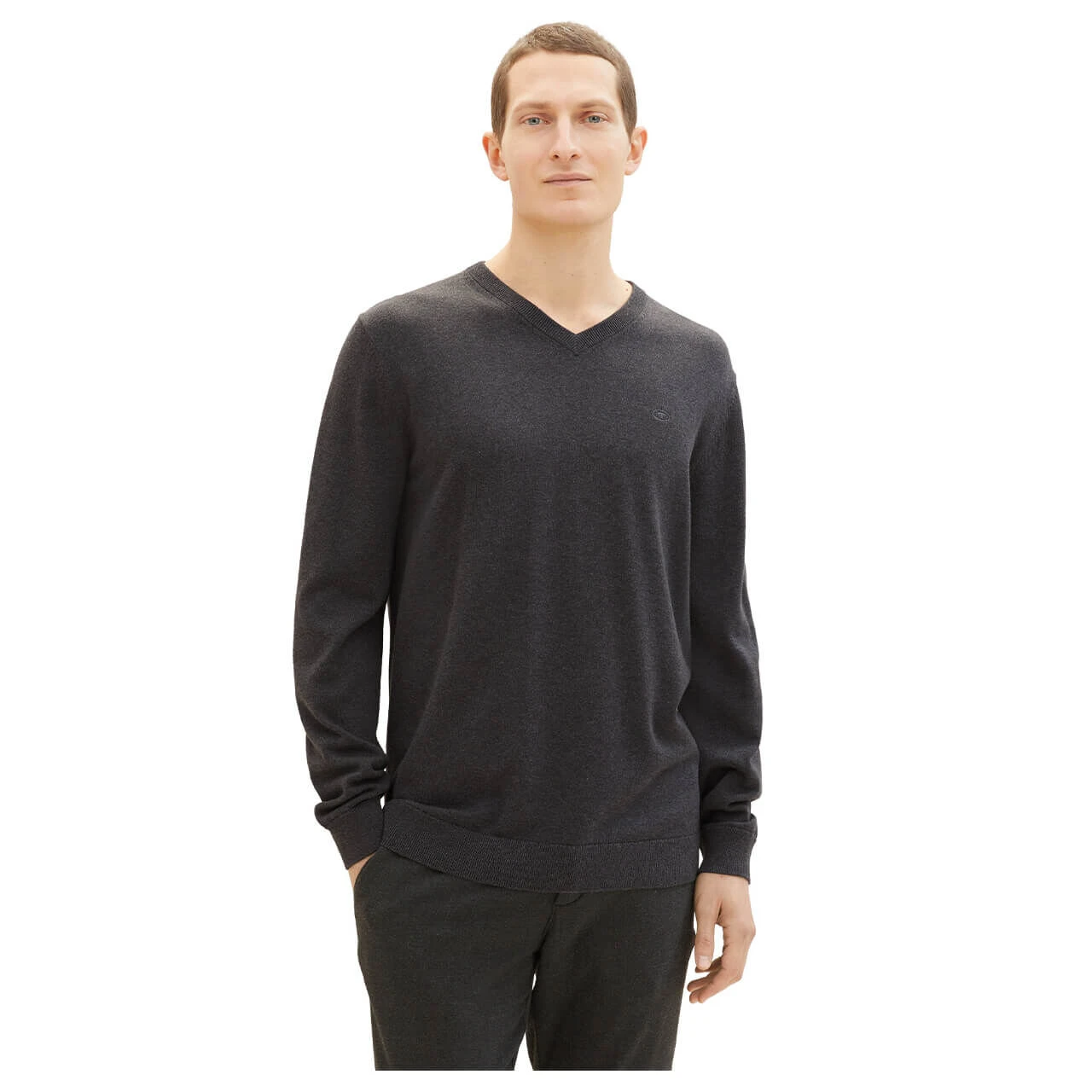 Tom Tailor Herren Pullover Basic V-neck Black Grey Melange Compact Cotton 3 Tom Tailor Herren Pullover Basic V-neck Black Grey Melange Compact Cotton – Bild 3