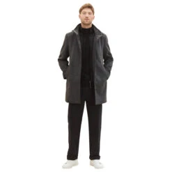 Tom Tailor Herren Mantel Wool Coat 2 In 1 Dark Grey Black Herringbone -Modezauber Günstiges Geschäft tom tailor wool coat 2 1 wollmantel grau 30500 front