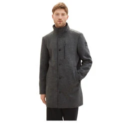 Tom Tailor Herren Mantel Wool Coat 2 In 1 Dark Grey Black Herringbone -Modezauber Günstiges Geschäft tom tailor wool coat 2 1 wollmantel grau 30500 vorne